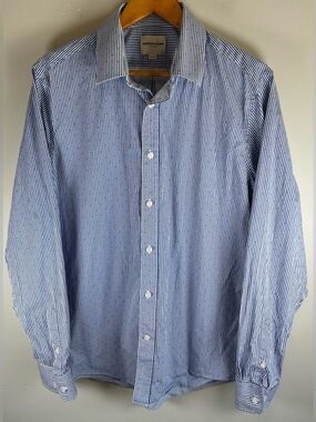 Scotch & Soda Button Up Shirt 17.5 35/36 Blue White Stripe Speckle Amsterdam EUC